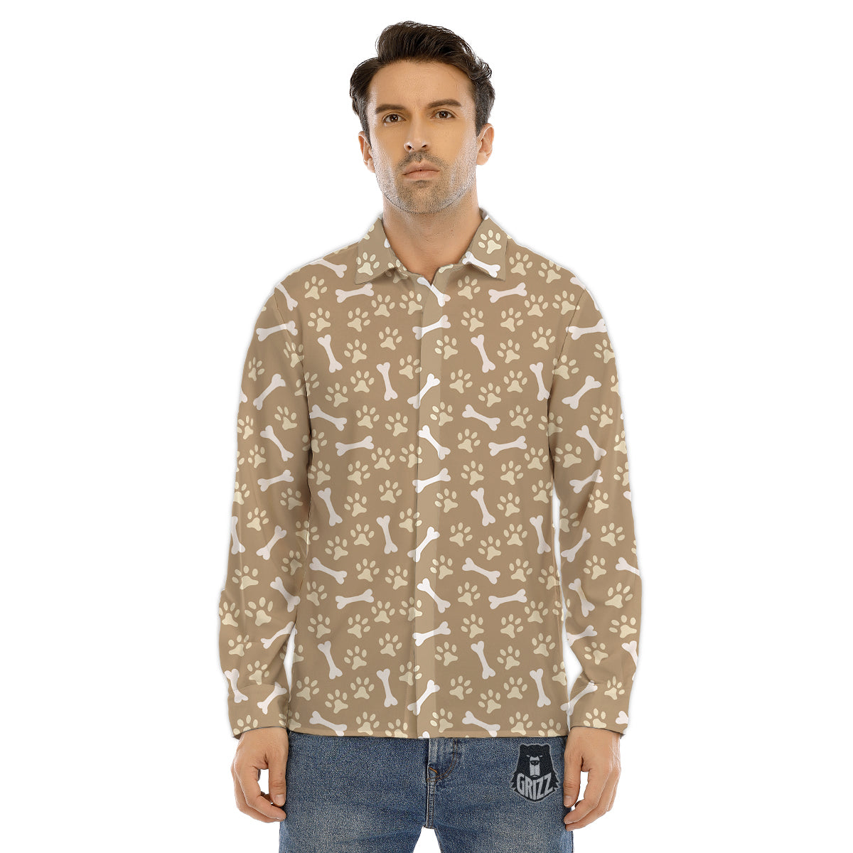 Bone And Beige Paw Print Pattern Men's Dress Shirts-grizzshop