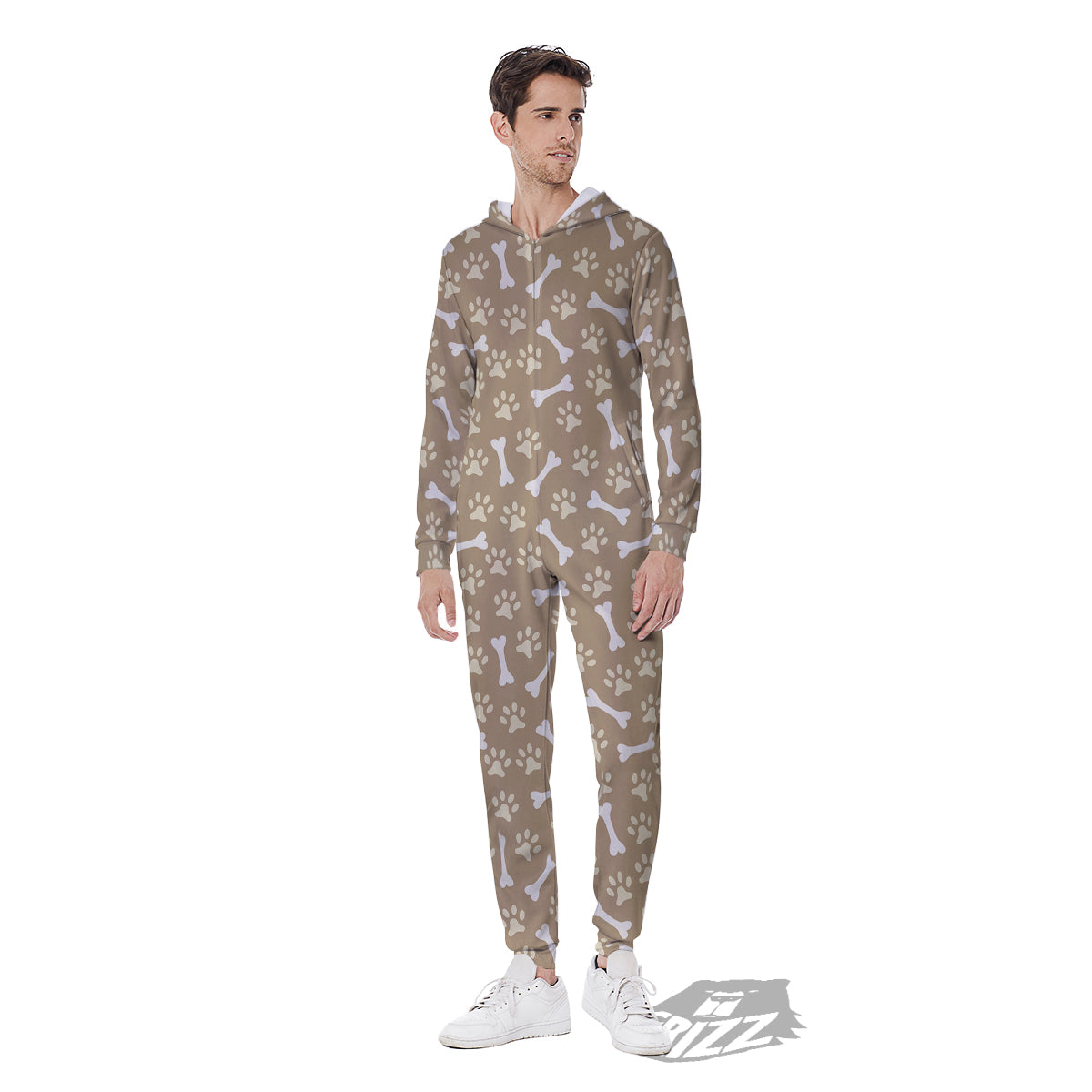 Bone And Beige Paw Print Pattern Men's Jumpsuit-grizzshop