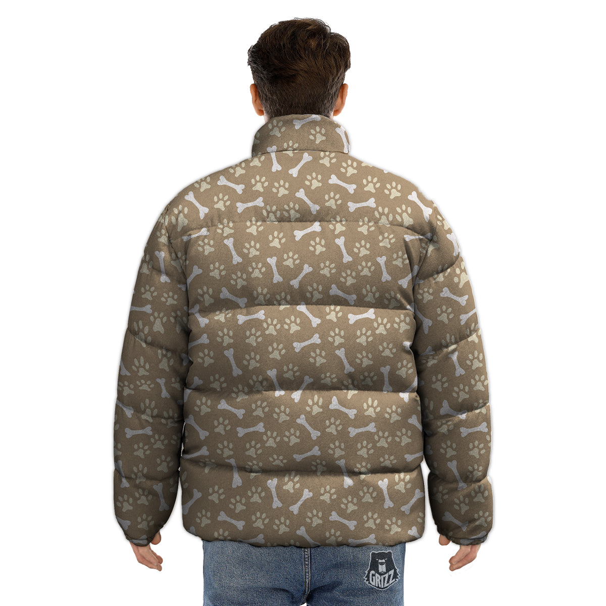 Bone And Beige Paw Print Pattern Puffer Jacket-grizzshop