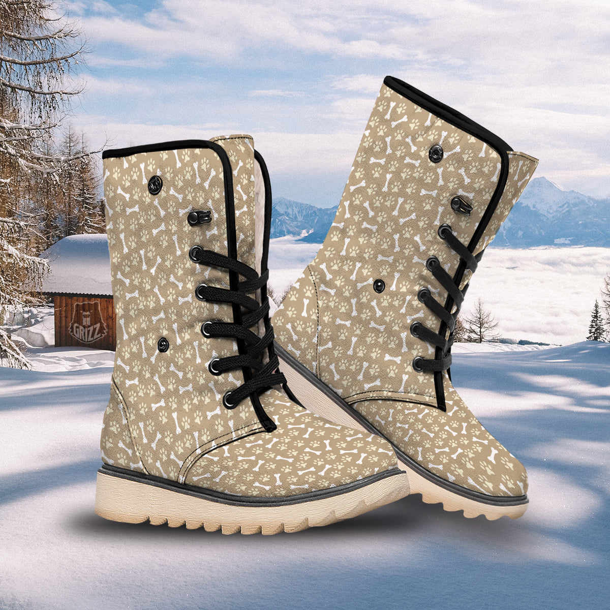 Bone And Beige Paw Print Pattern Snow Boots-grizzshop