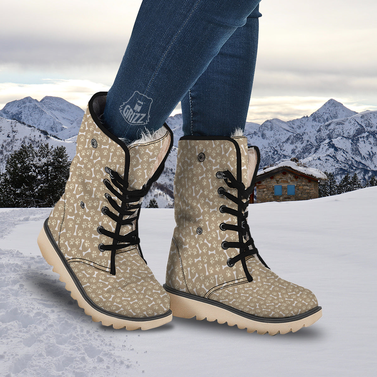 Bone And Beige Paw Print Pattern Snow Boots-grizzshop
