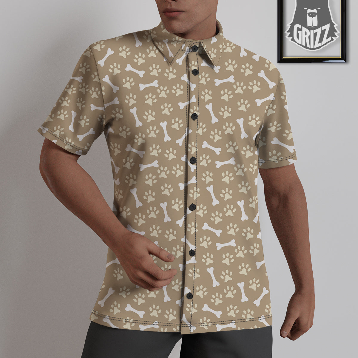 Bone And Beige Paw Print Pattern Untucked Shirts-grizzshop