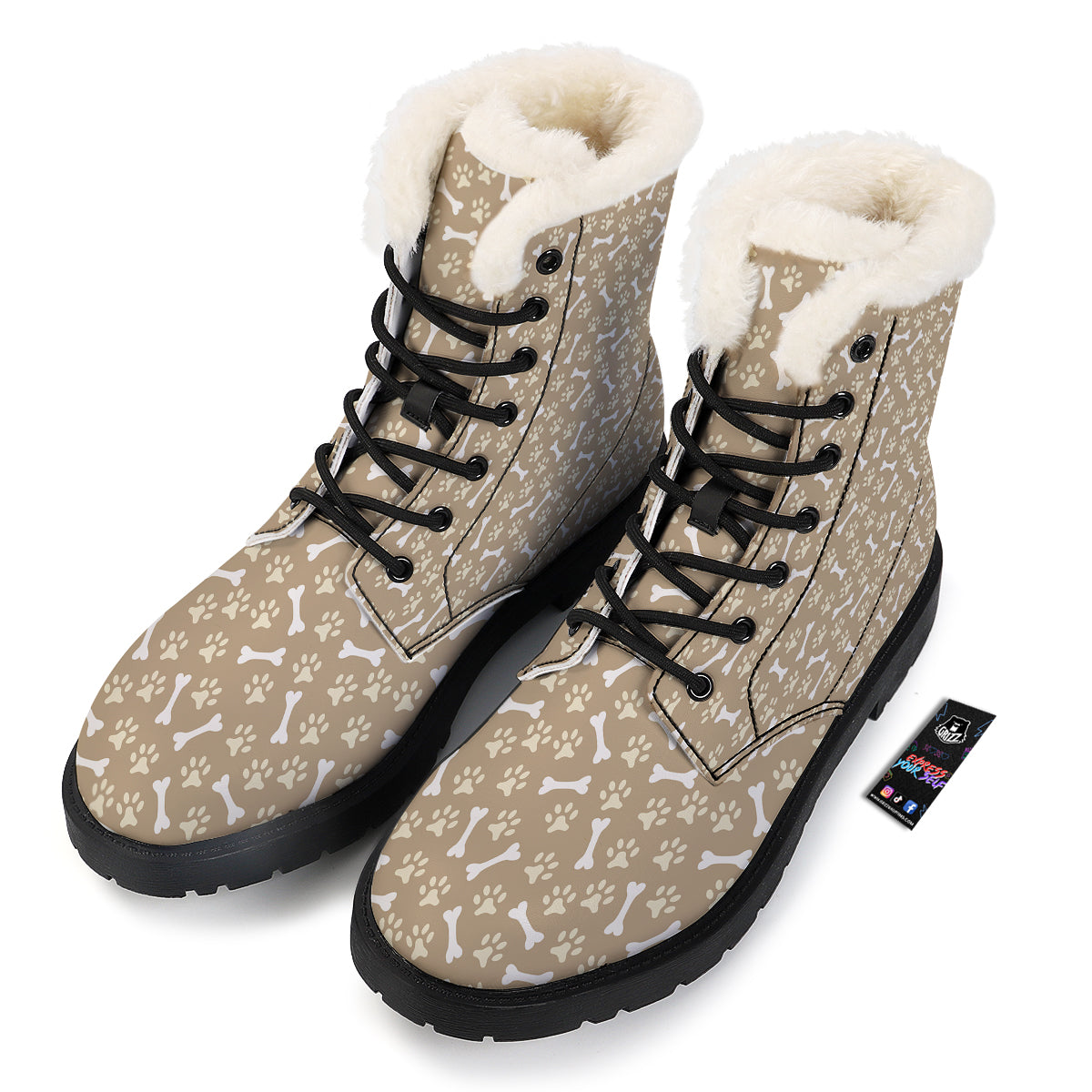 Bone And Beige Paw Print Pattern Winter Boots-grizzshop