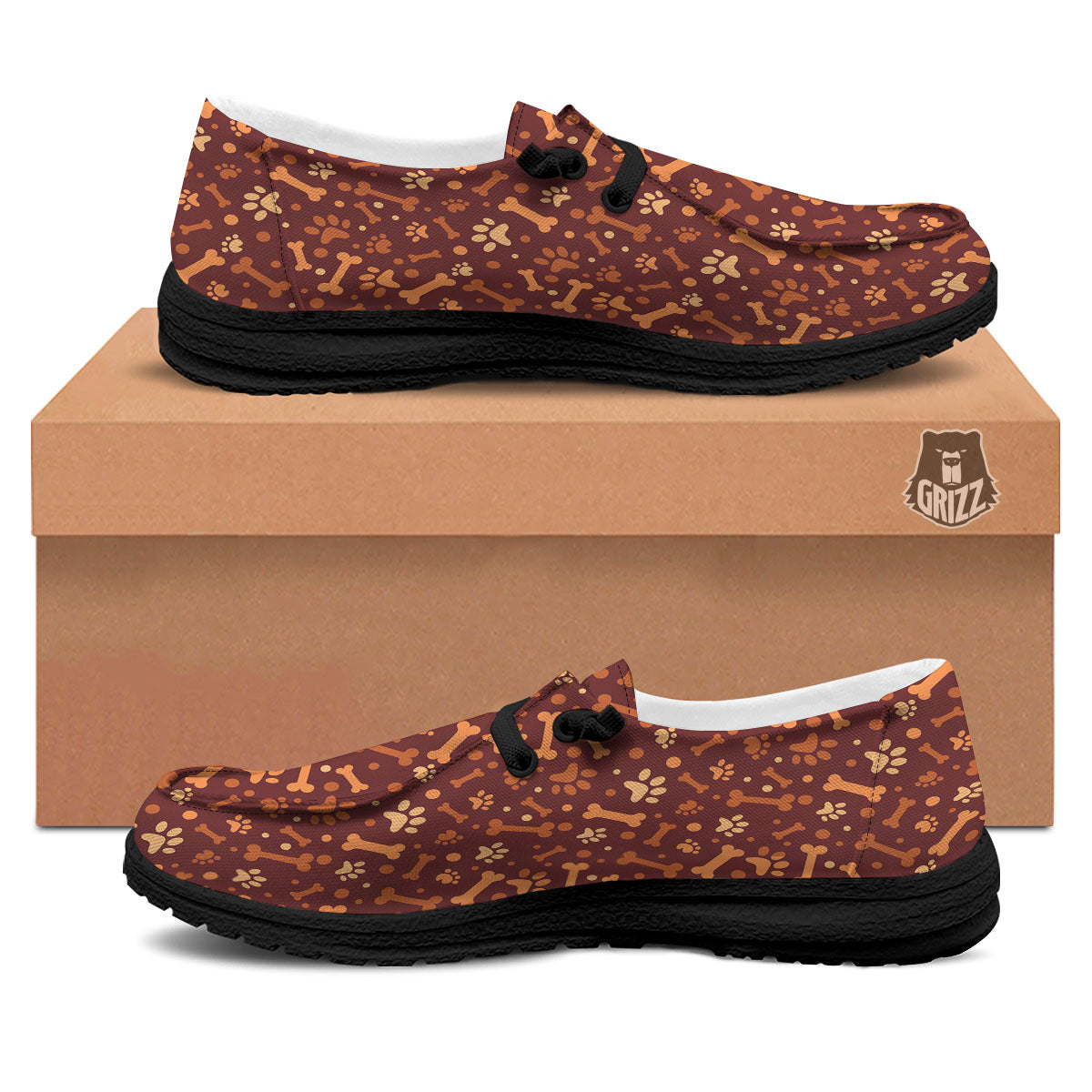 Bone And Brown Paw Print Pattern Black Loafers-grizzshop