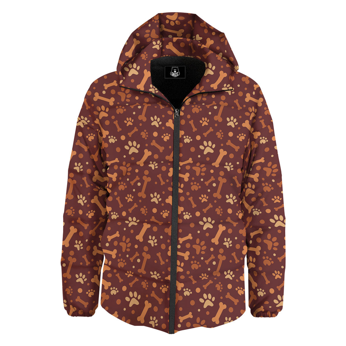 Bone And Brown Paw Print Pattern Down Jacket-grizzshop