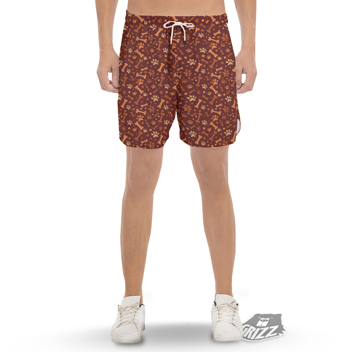 Bone And Brown Paw Print Pattern Men's Gym Shorts-grizzshop