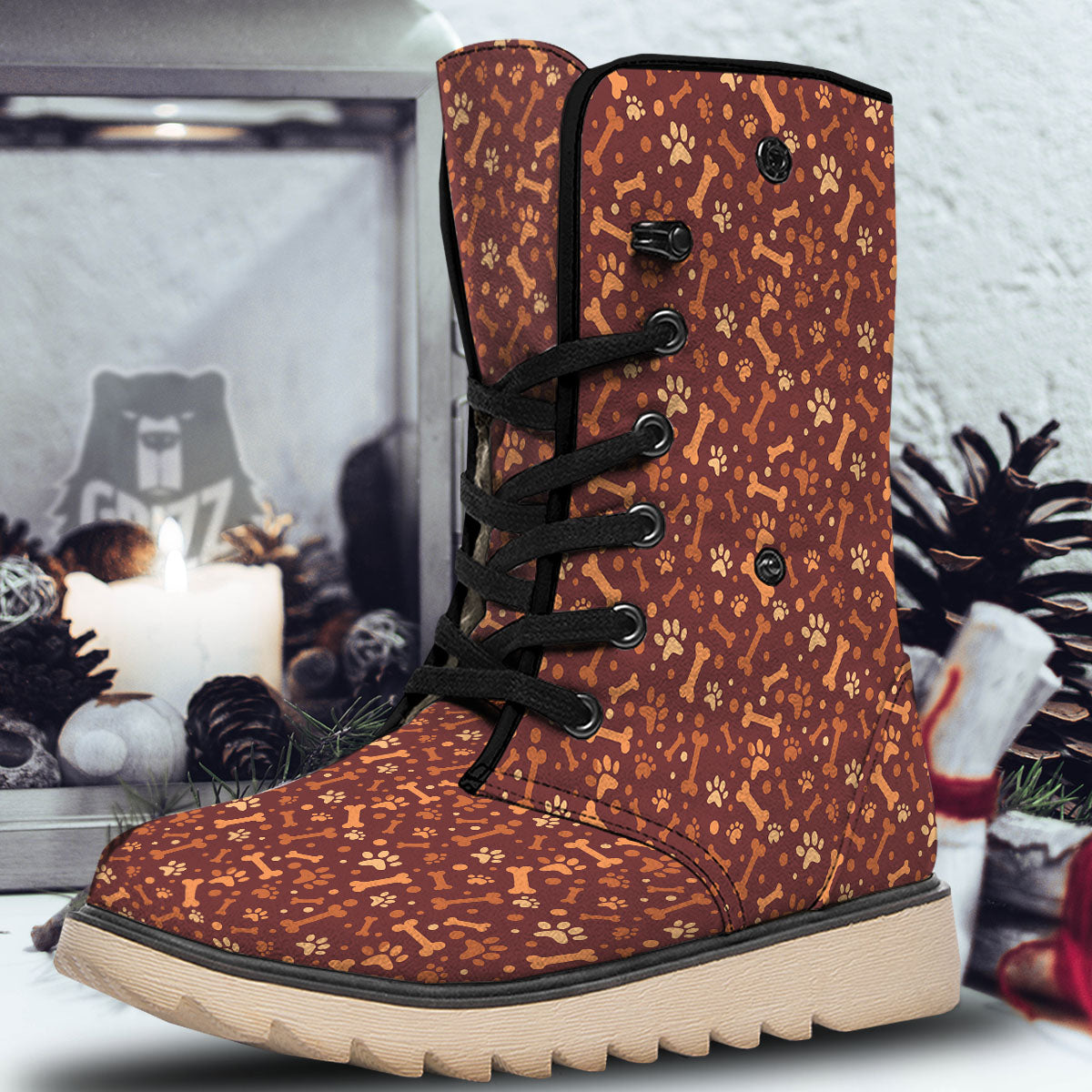 Bone And Brown Paw Print Pattern Snow Boots-grizzshop