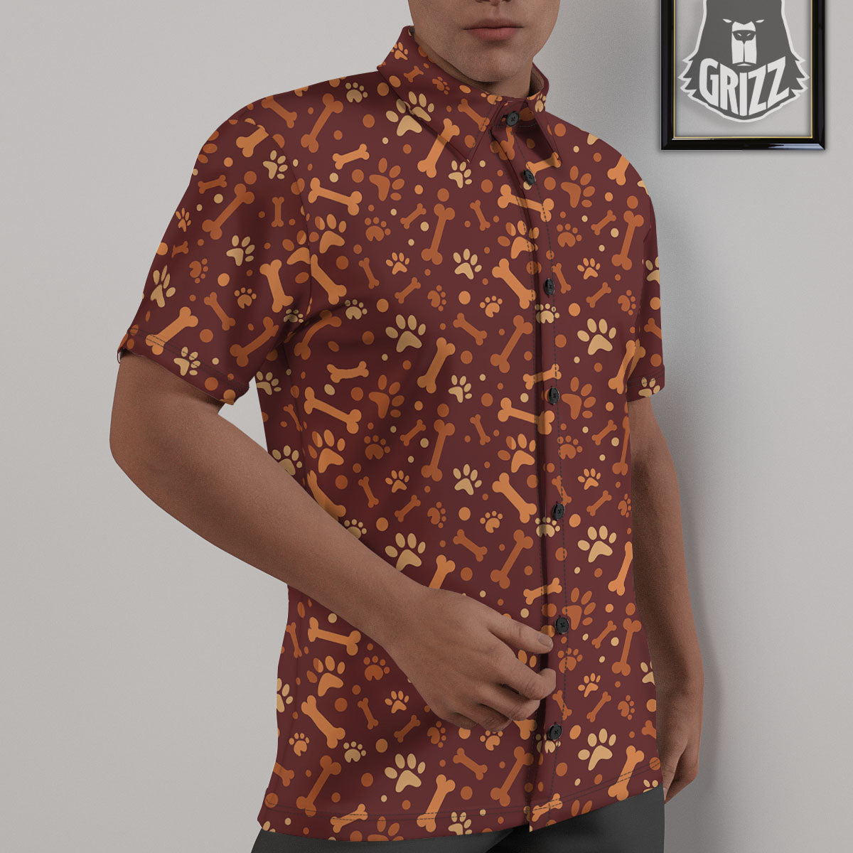 Bone And Brown Paw Print Pattern Untucked Shirts-grizzshop
