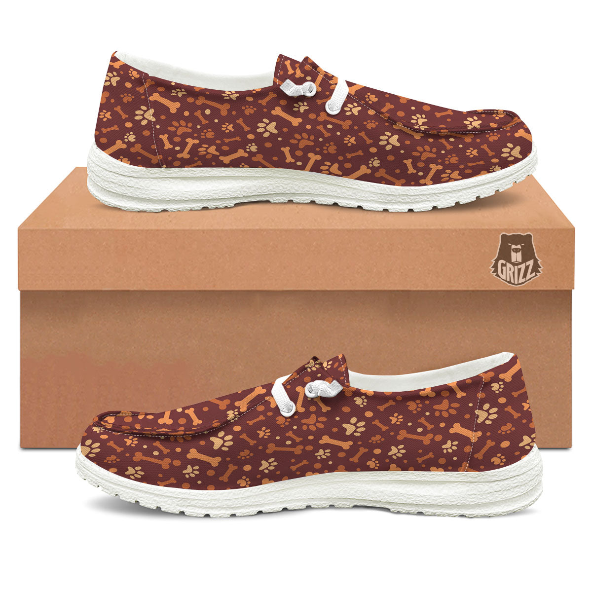 Bone And Brown Paw Print Pattern White Loafers-grizzshop