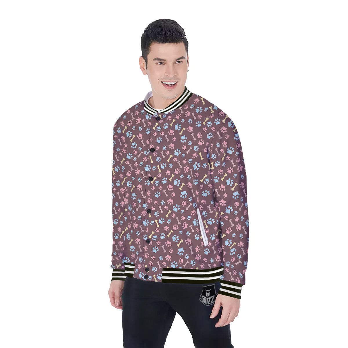 Bone And Colorful Paw Print Pattern Baseball Jacket-grizzshop