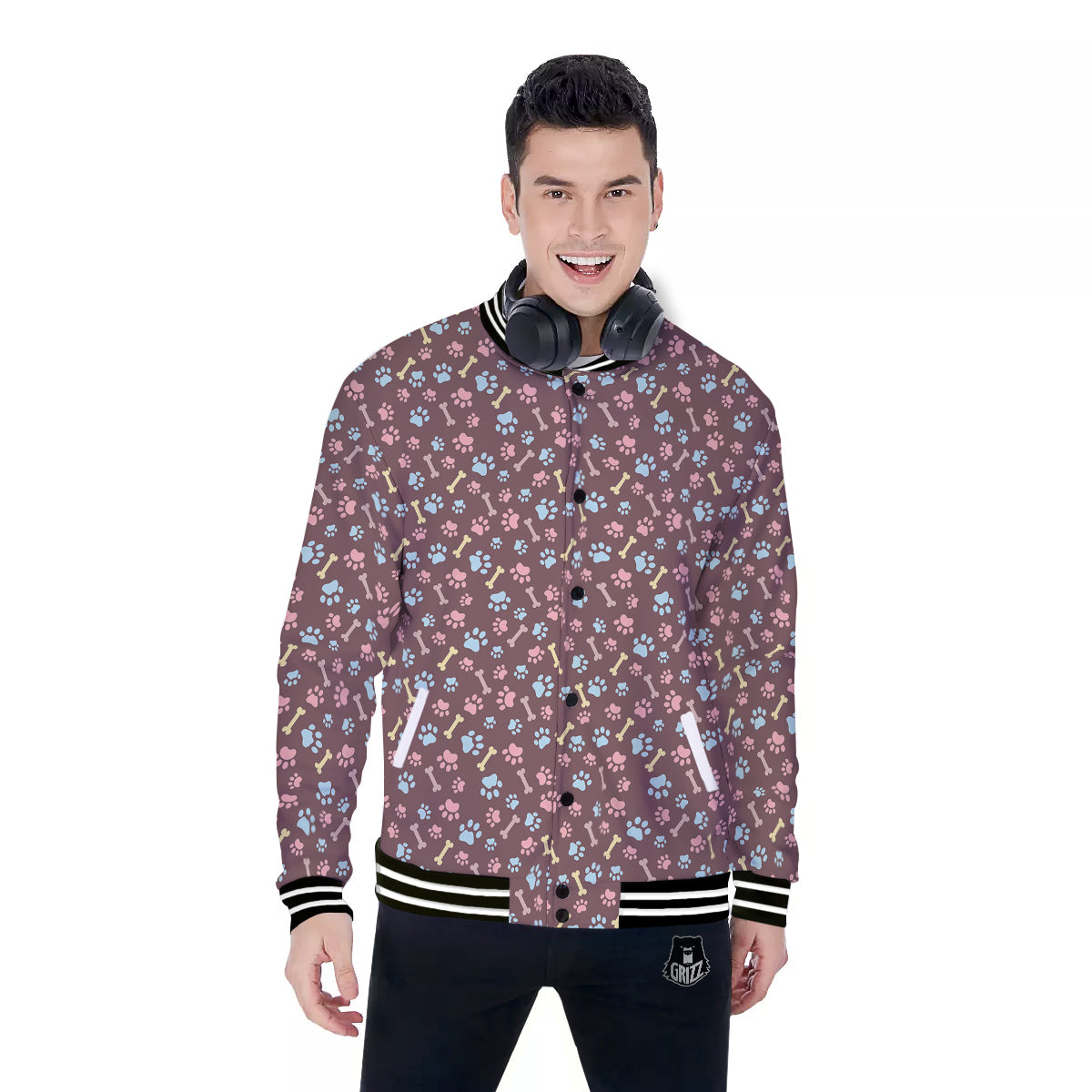 Bone And Colorful Paw Print Pattern Baseball Jacket-grizzshop