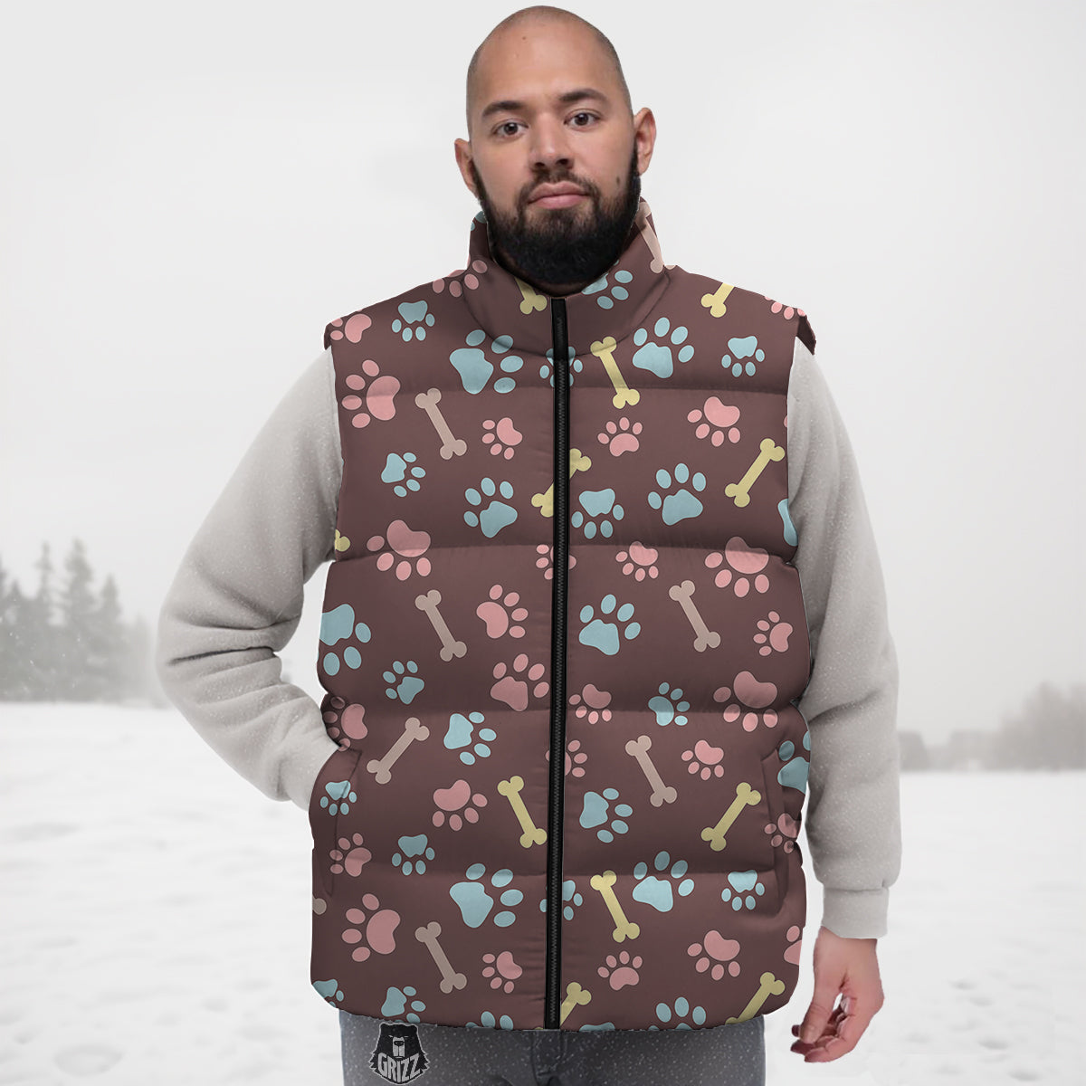 Bone And Colorful Paw Print Pattern Down Vest