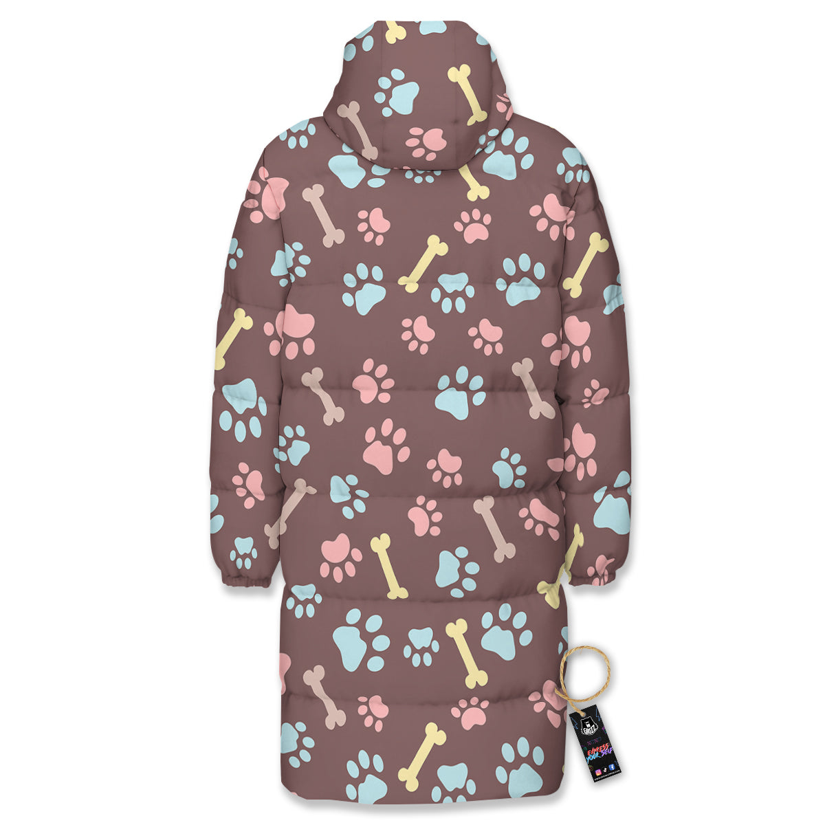Bone And Colorful Paw Print Pattern Long Down Jacket-grizzshop