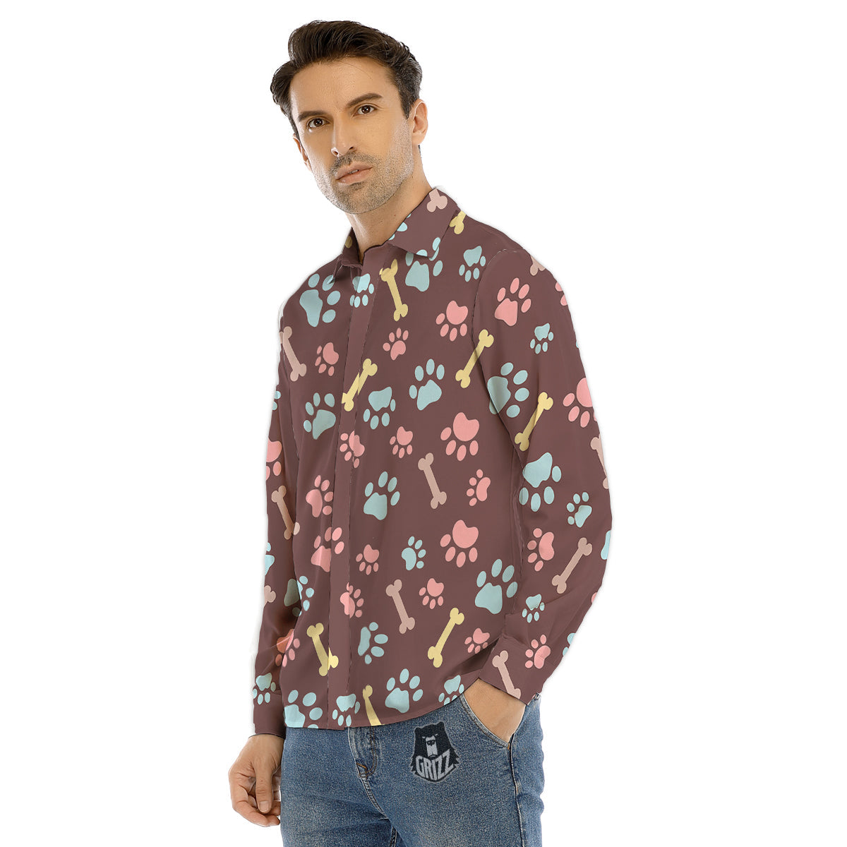 Bone And Colorful Paw Print Pattern Men's Dress Shirts-grizzshop