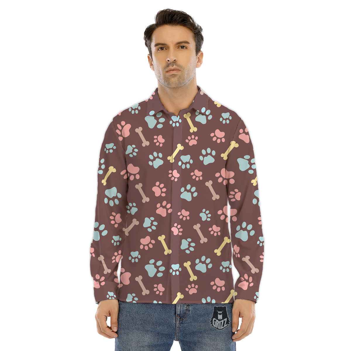 Bone And Colorful Paw Print Pattern Men's Dress Shirts-grizzshop