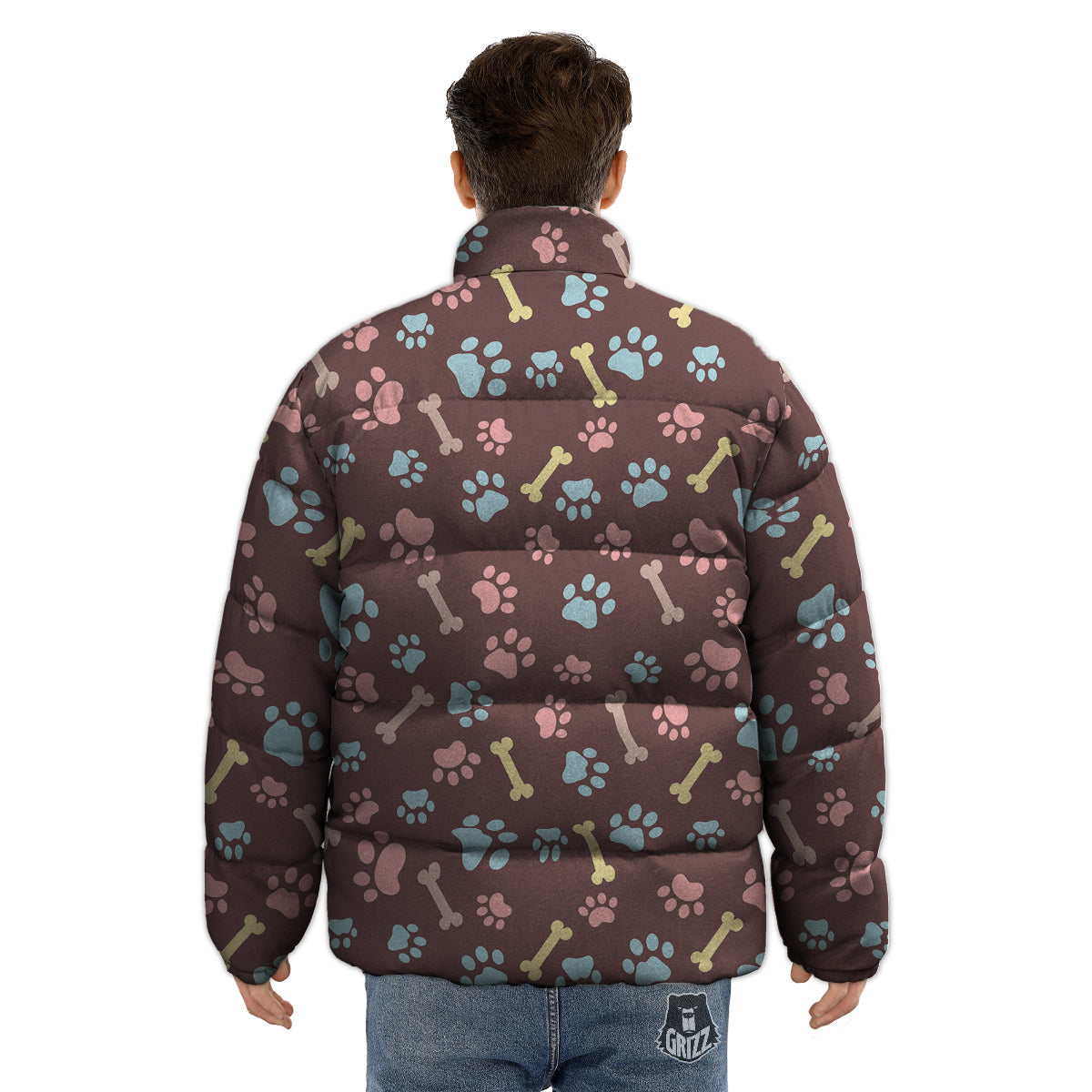 Bone And Colorful Paw Print Pattern Puffer Jacket-grizzshop