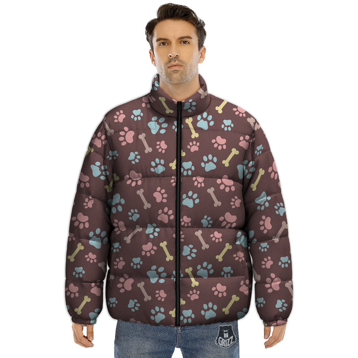 Bone And Colorful Paw Print Pattern Puffer Jacket-grizzshop