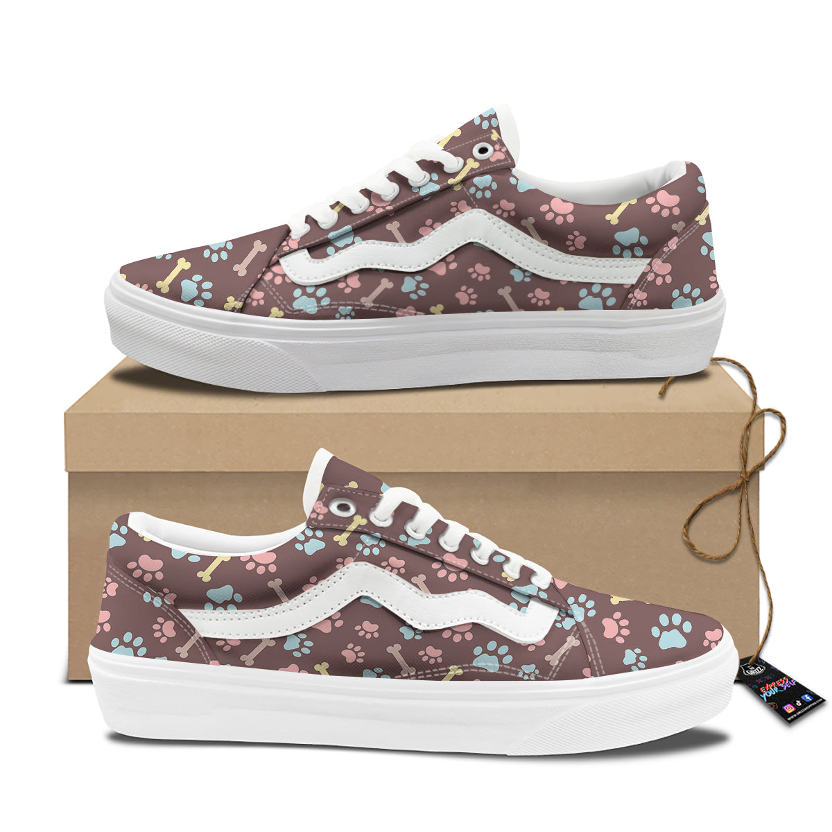 Bone And Colorful Paw Print Pattern Skate Shoes-grizzshop