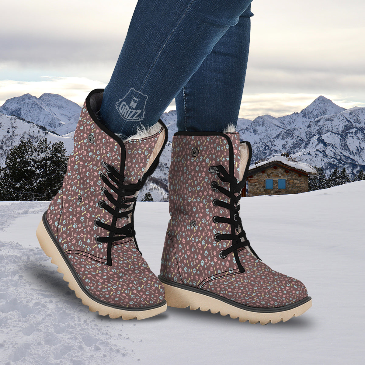 Bone And Colorful Paw Print Pattern Snow Boots-grizzshop