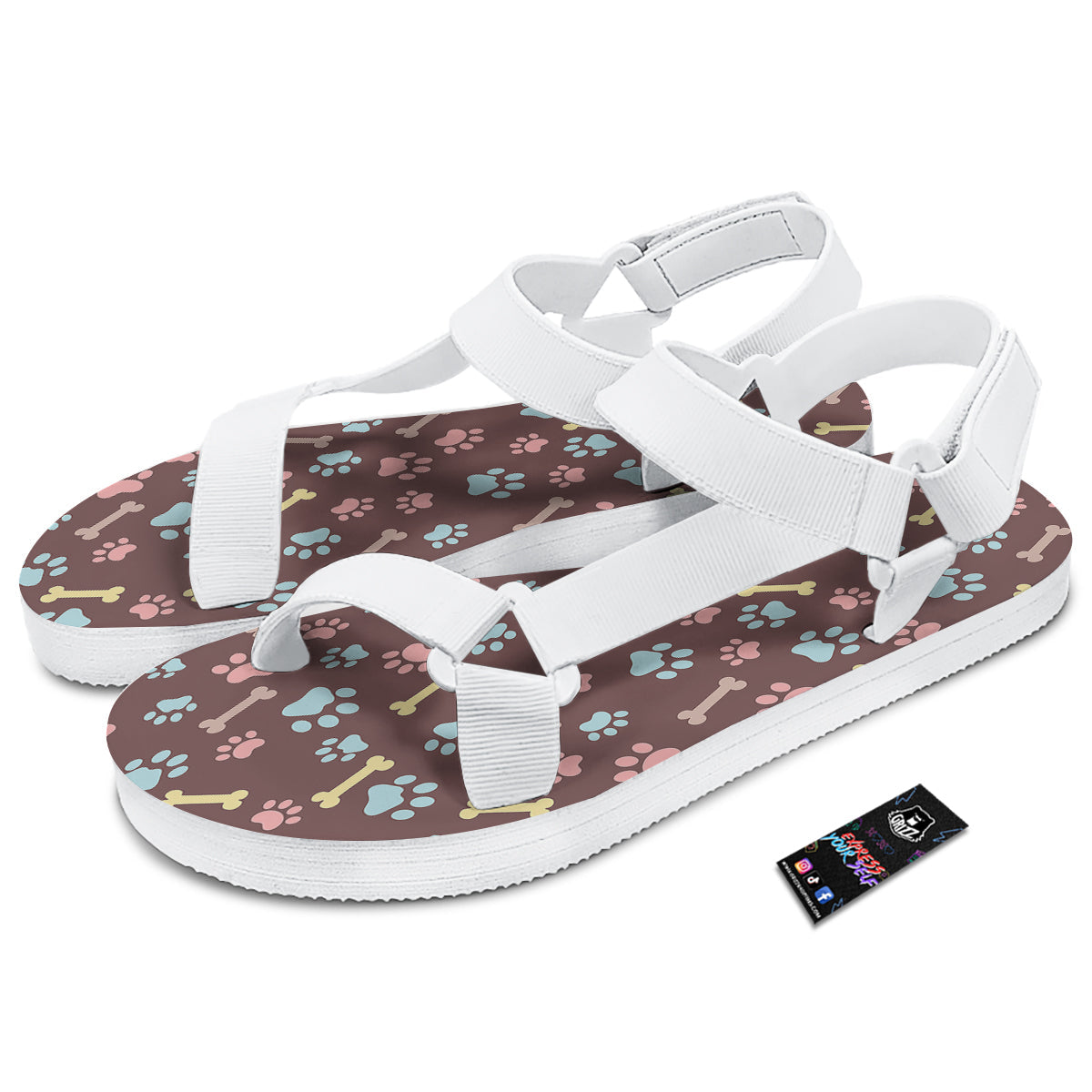 Bone And Colorful Paw Print Pattern White Open Toe Sandals-grizzshop