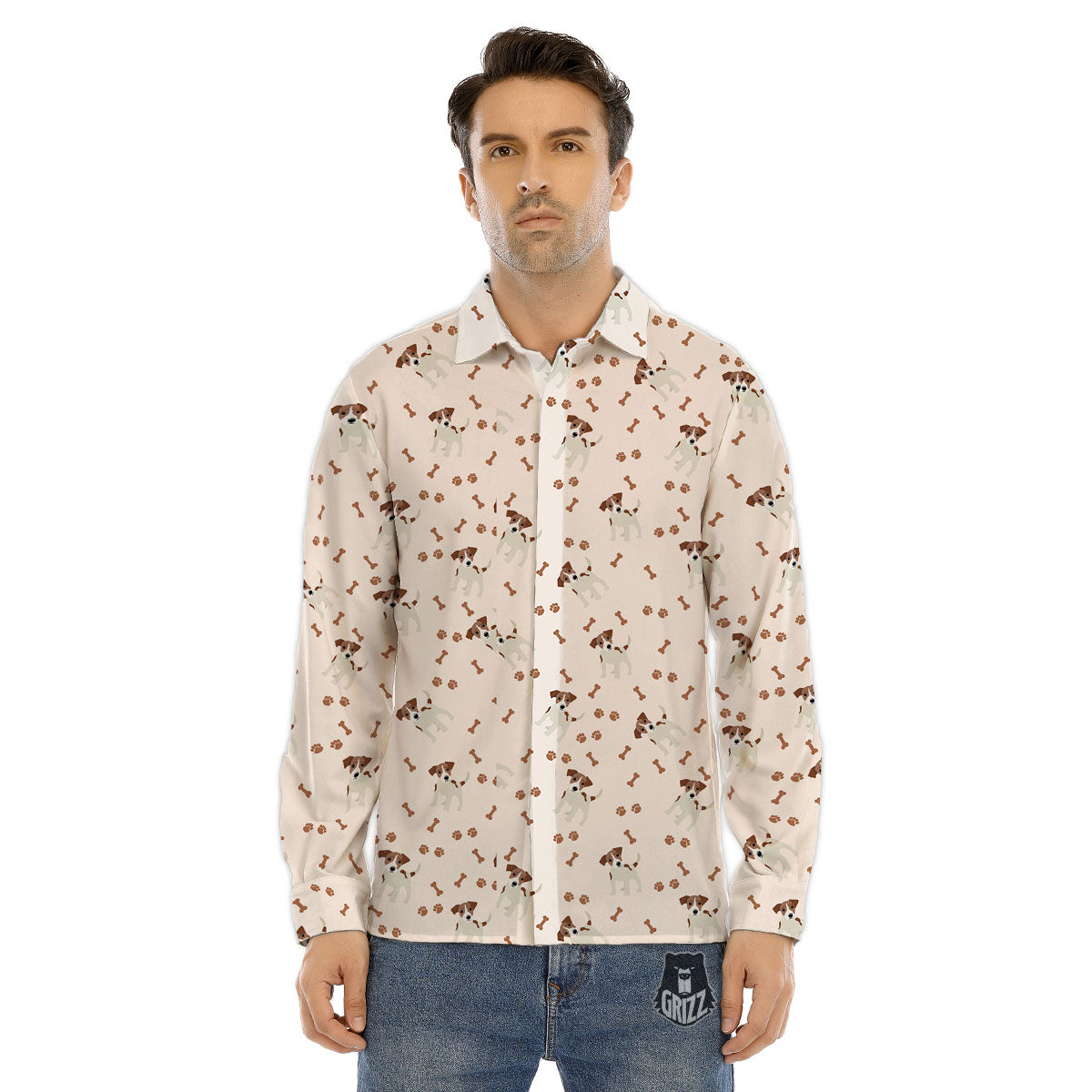 Bone And Jack Russell Terrier Print Pattern Men's Dress Shirts-grizzshop