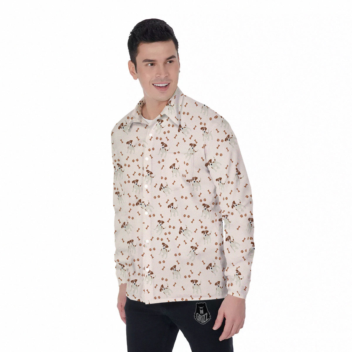 Bone And Jack Russell Terrier Print Pattern Men's Long Sleeve Shirts-grizzshop
