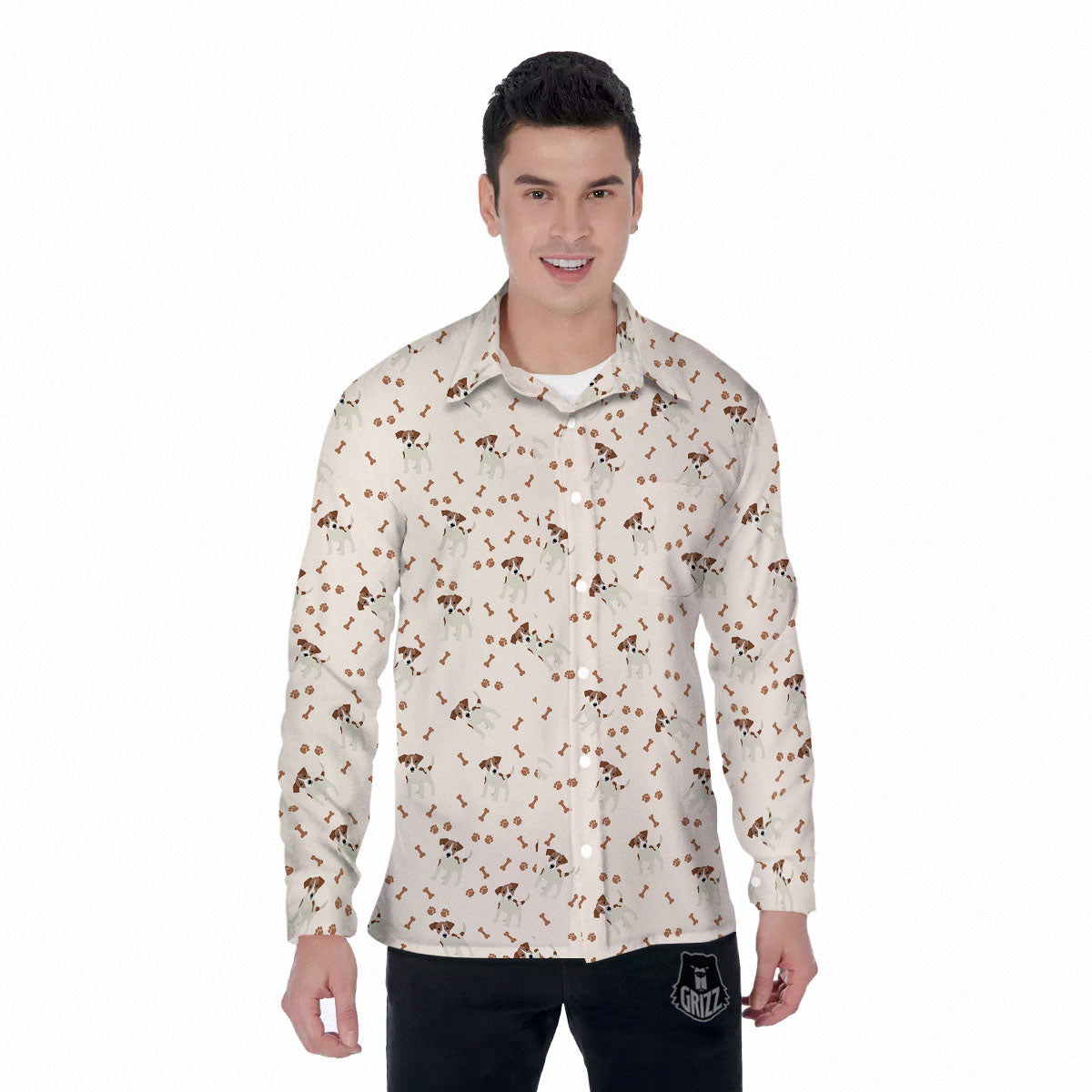 Bone And Jack Russell Terrier Print Pattern Men's Long Sleeve Shirts-grizzshop