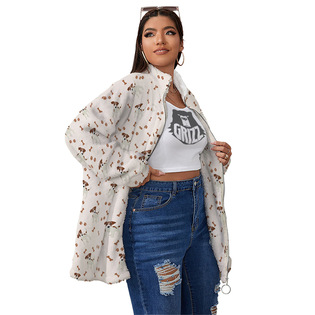 Bone And Jack Russell Terrier Print Pattern Women's Sherpa Jacket-grizzshop