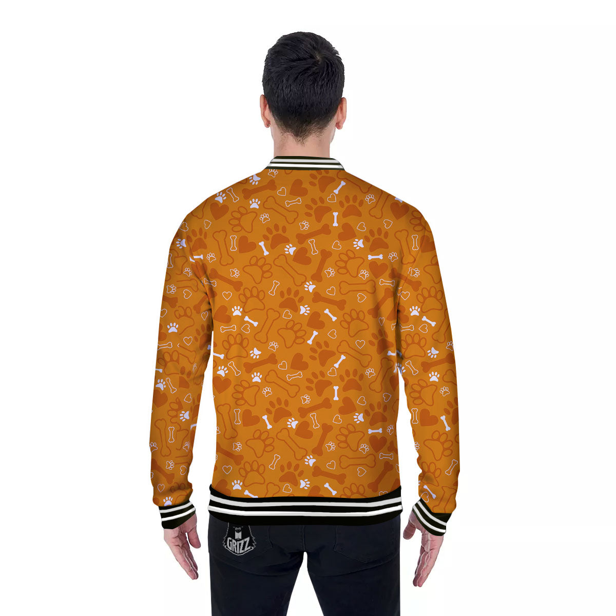 Bone And Orange Paw Print Pattern Baseball Jacket-grizzshop