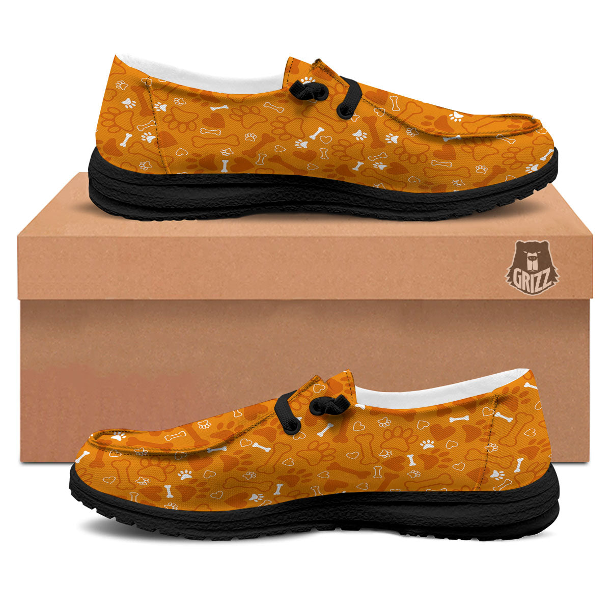 Bone And Orange Paw Print Pattern Black Loafers-grizzshop