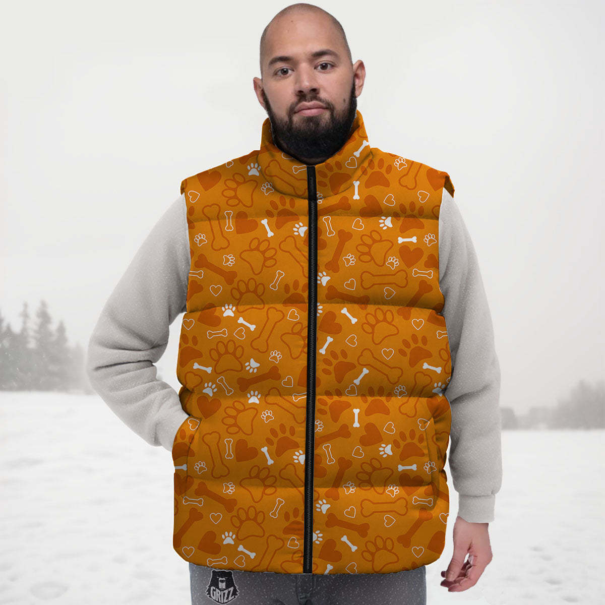 Bone And Orange Paw Print Pattern Down Vest