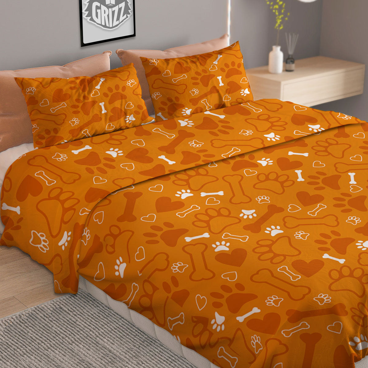 Bone And Orange Paw Print Pattern Duvet Cover Bedding Set