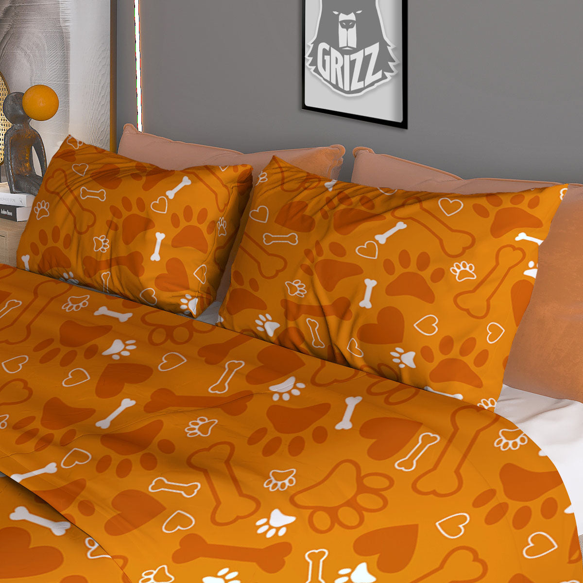 Bone And Orange Paw Print Pattern Duvet Cover Bedding Set