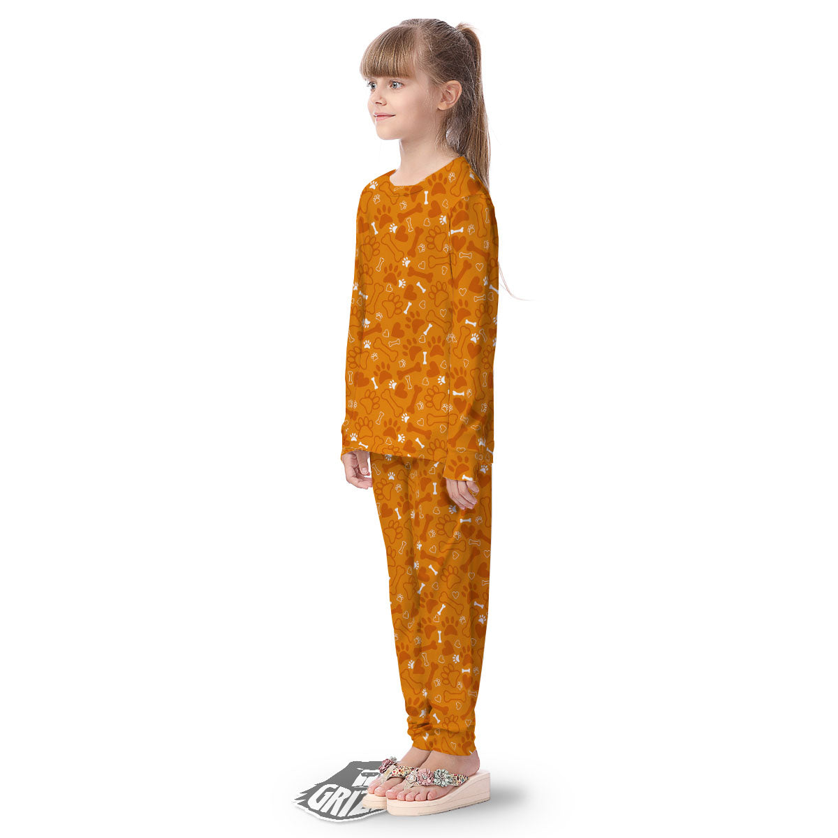 Bone And Orange Paw Print Pattern Kid's Pajamas-grizzshop