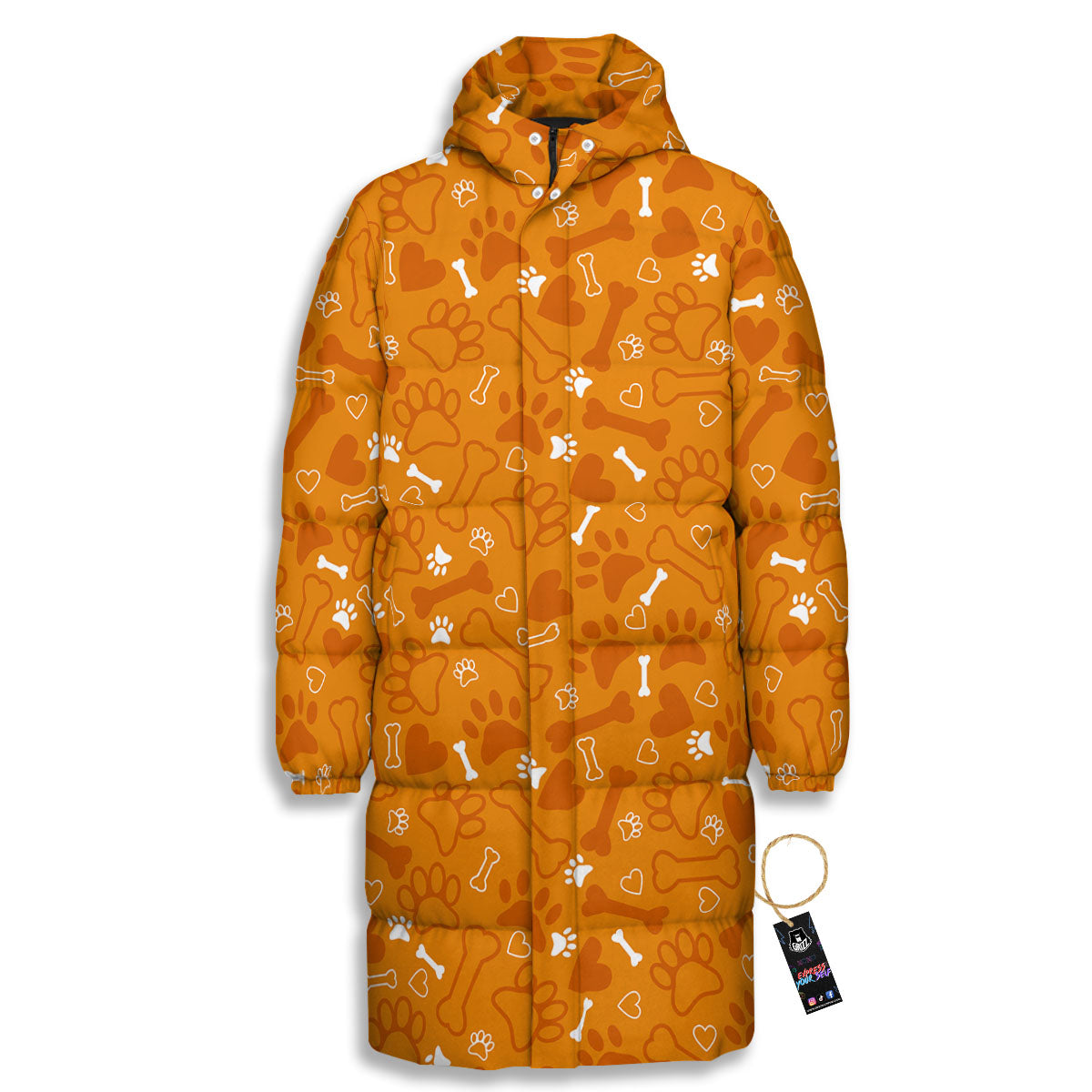 Bone And Orange Paw Print Pattern Long Down Jacket-grizzshop