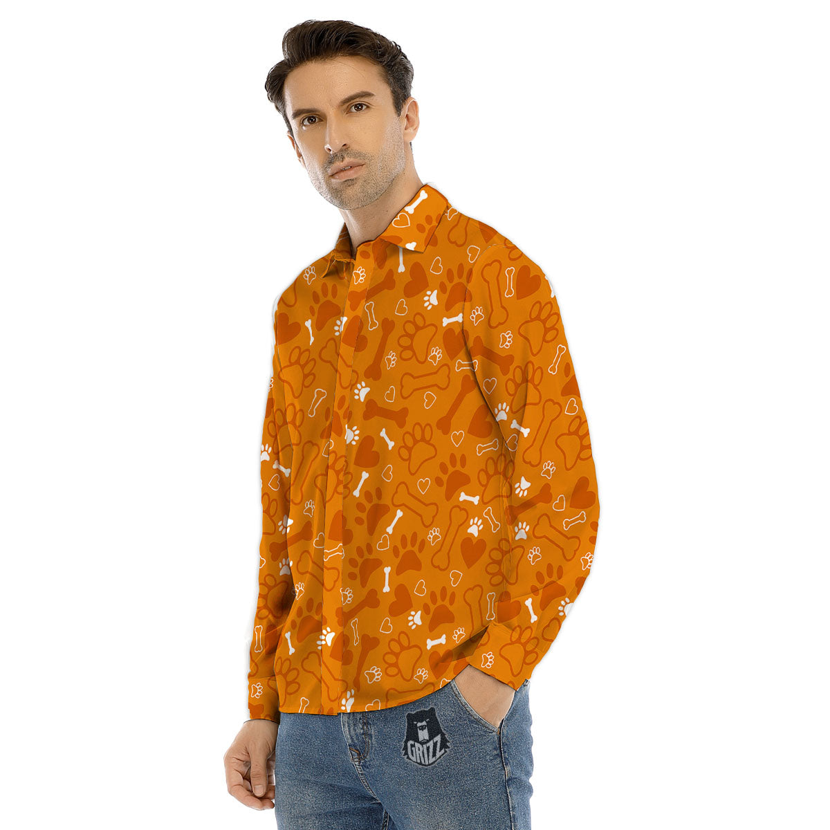 Bone And Orange Paw Print Pattern Men's Dress Shirts-grizzshop