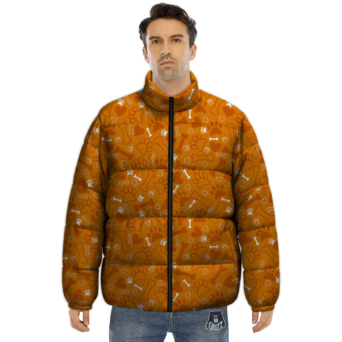 Bone And Orange Paw Print Pattern Puffer Jacket-grizzshop