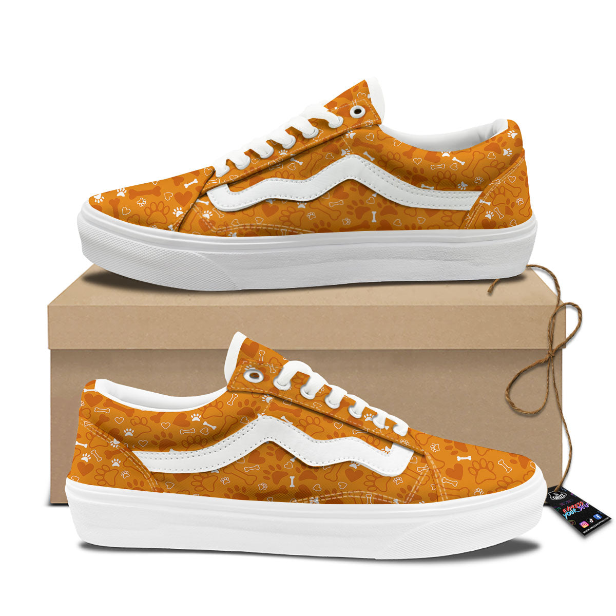Bone And Orange Paw Print Pattern Skate Shoes-grizzshop