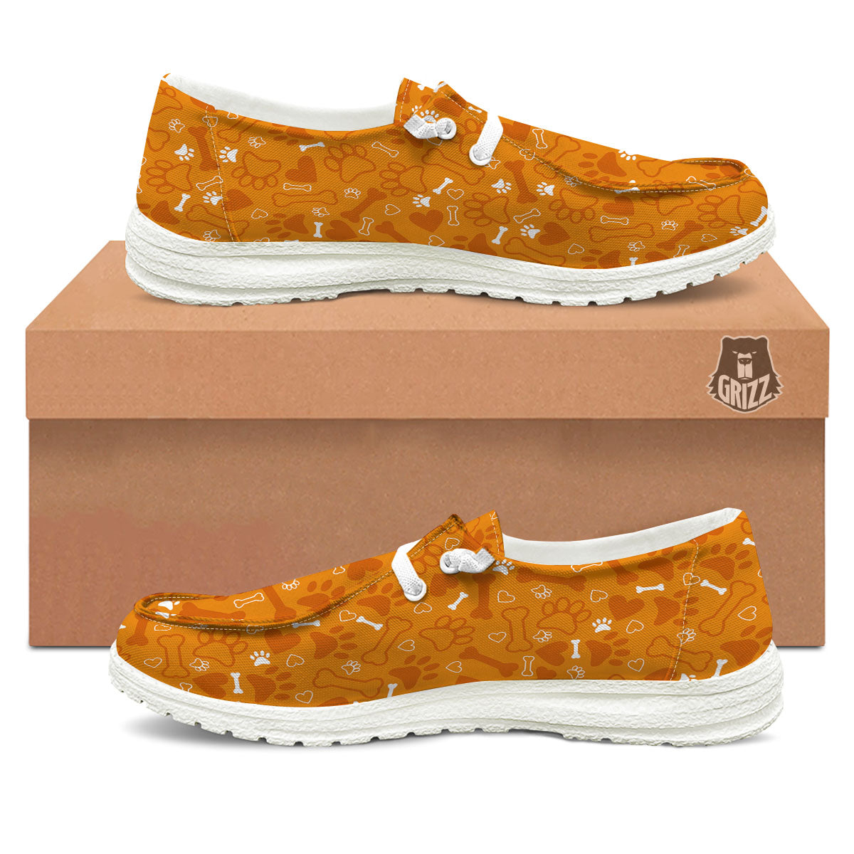 Bone And Orange Paw Print Pattern White Loafers-grizzshop