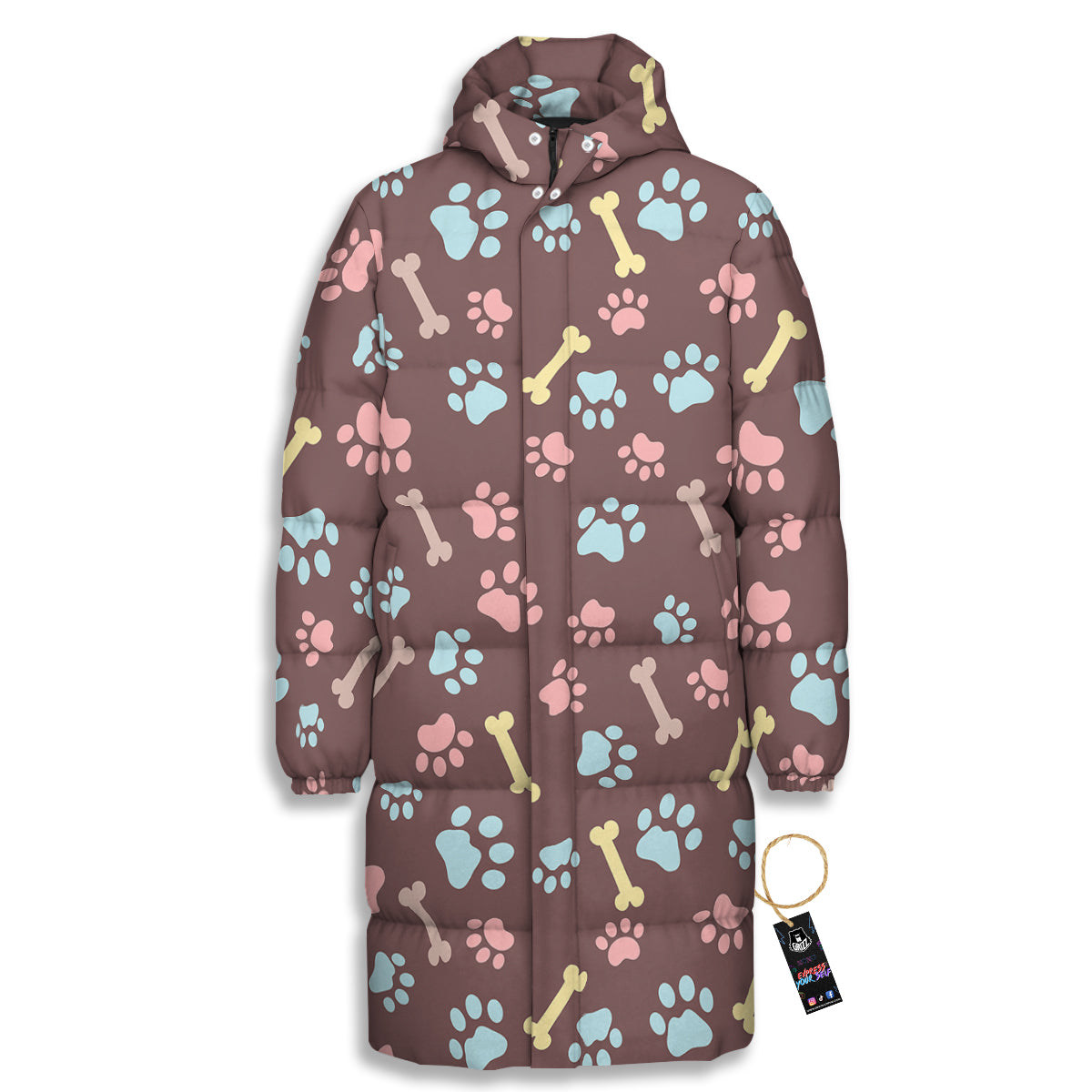Bone And Colorful Paw Print Pattern Long Down Jacket