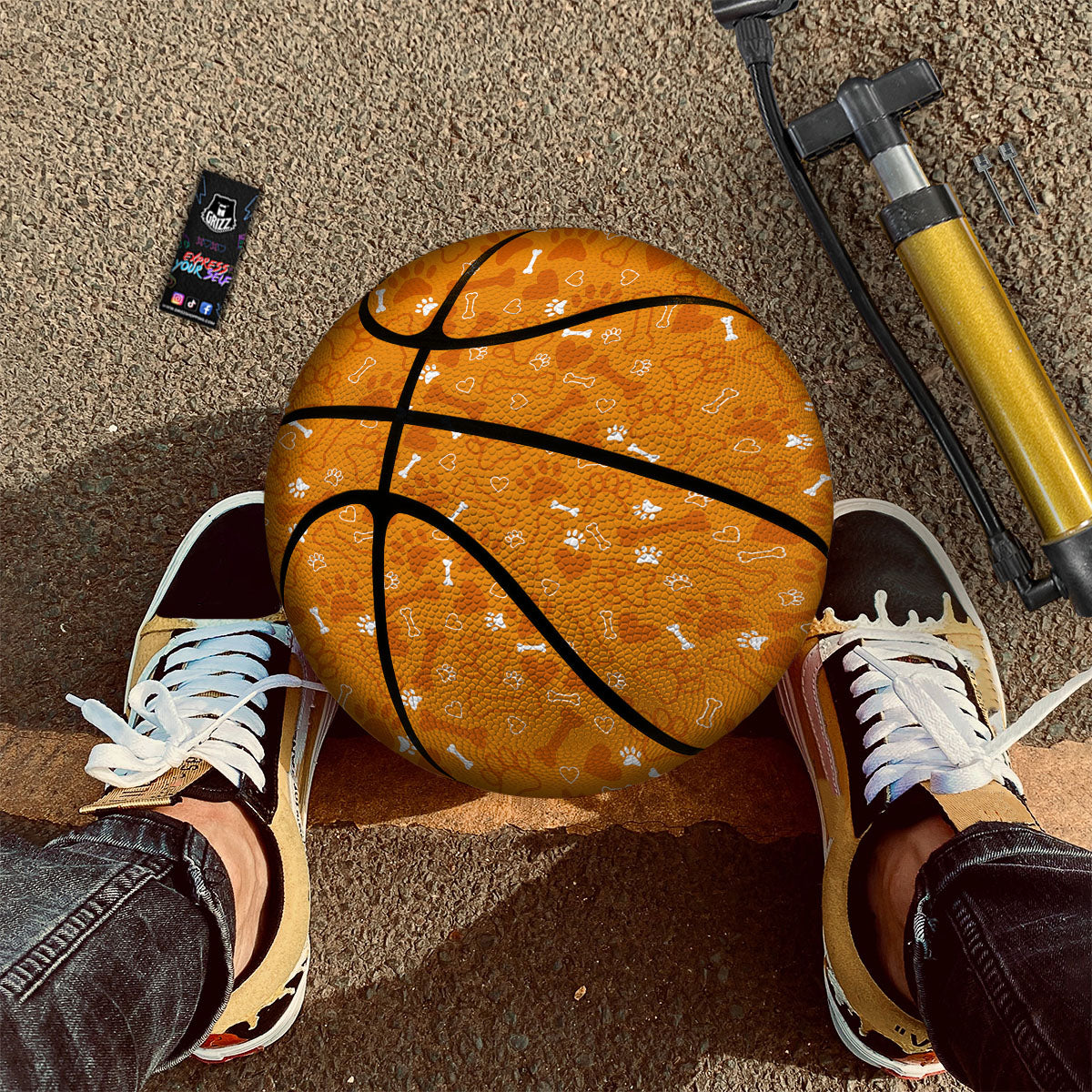 Bone And Orange Paw Print Pattern Basketball