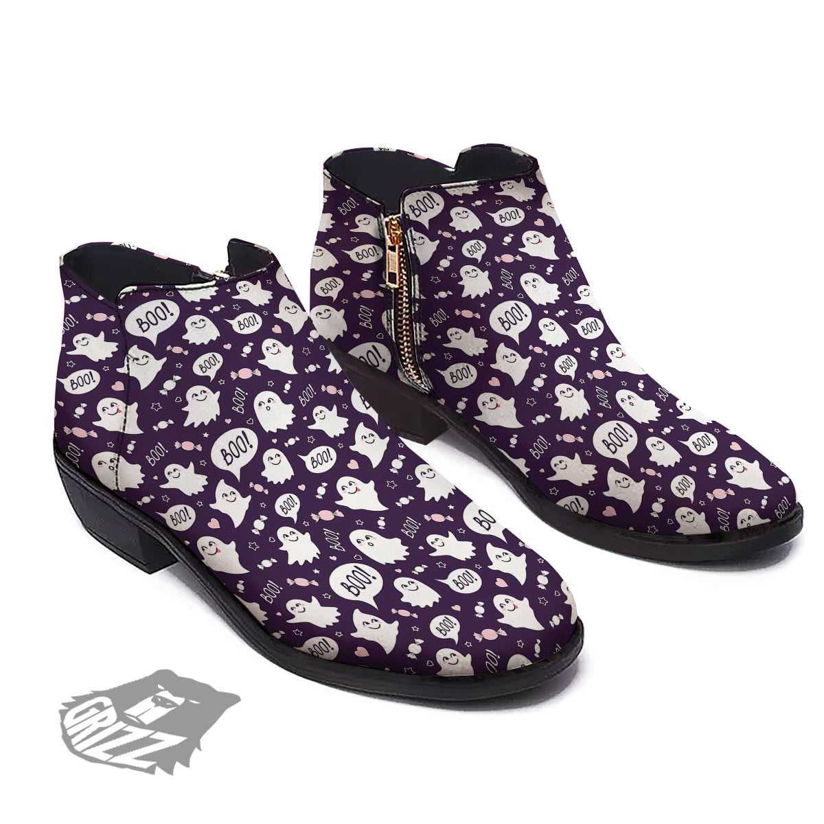 Boo Cute Ghost Print Pattern Ankle Boots-grizzshop