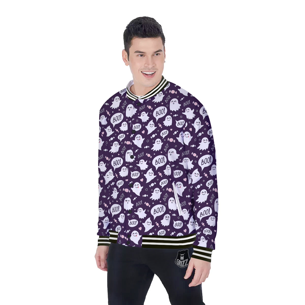Boo Cute Ghost Print Pattern Baseball Jacket-grizzshop