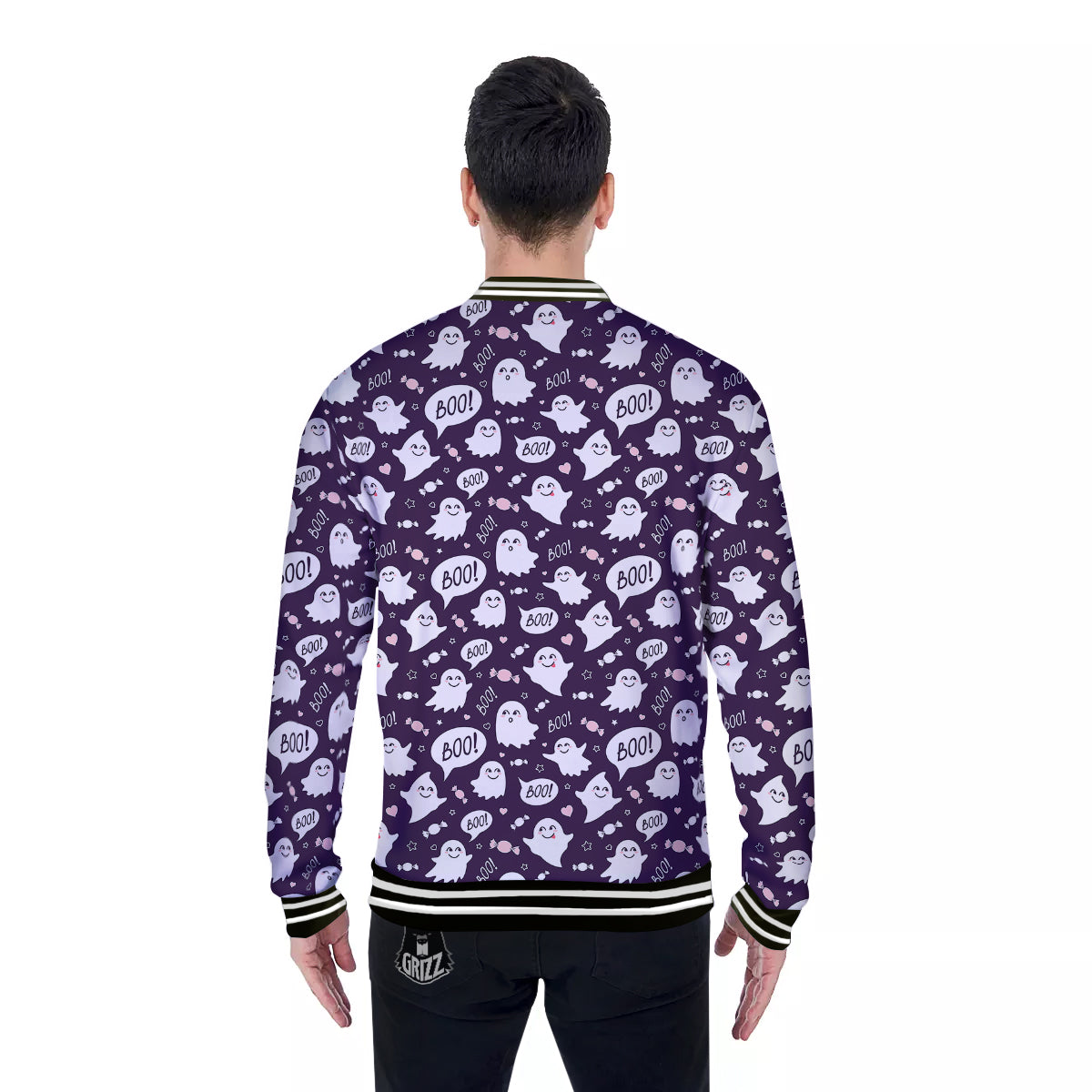 Boo Cute Ghost Print Pattern Baseball Jacket-grizzshop