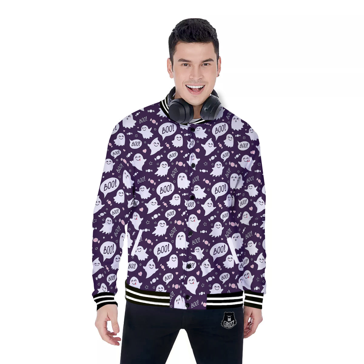 Boo Cute Ghost Print Pattern Baseball Jacket-grizzshop