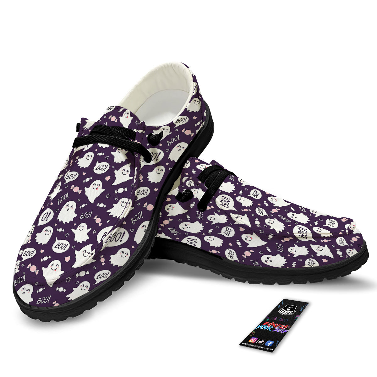 Boo Cute Ghost Print Pattern Black Loafers-grizzshop