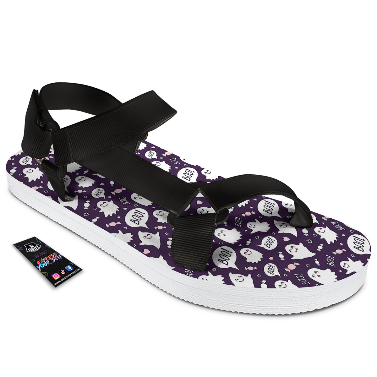 Boo Cute Ghost Print Pattern Black Open Toe Sandals-grizzshop