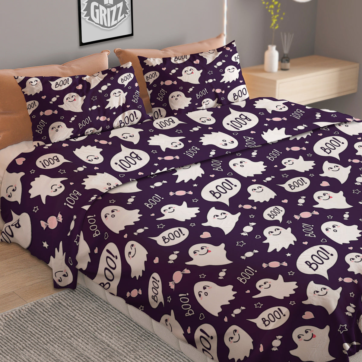 Boo Cute Ghost Print Pattern Duvet Cover Bedding Set