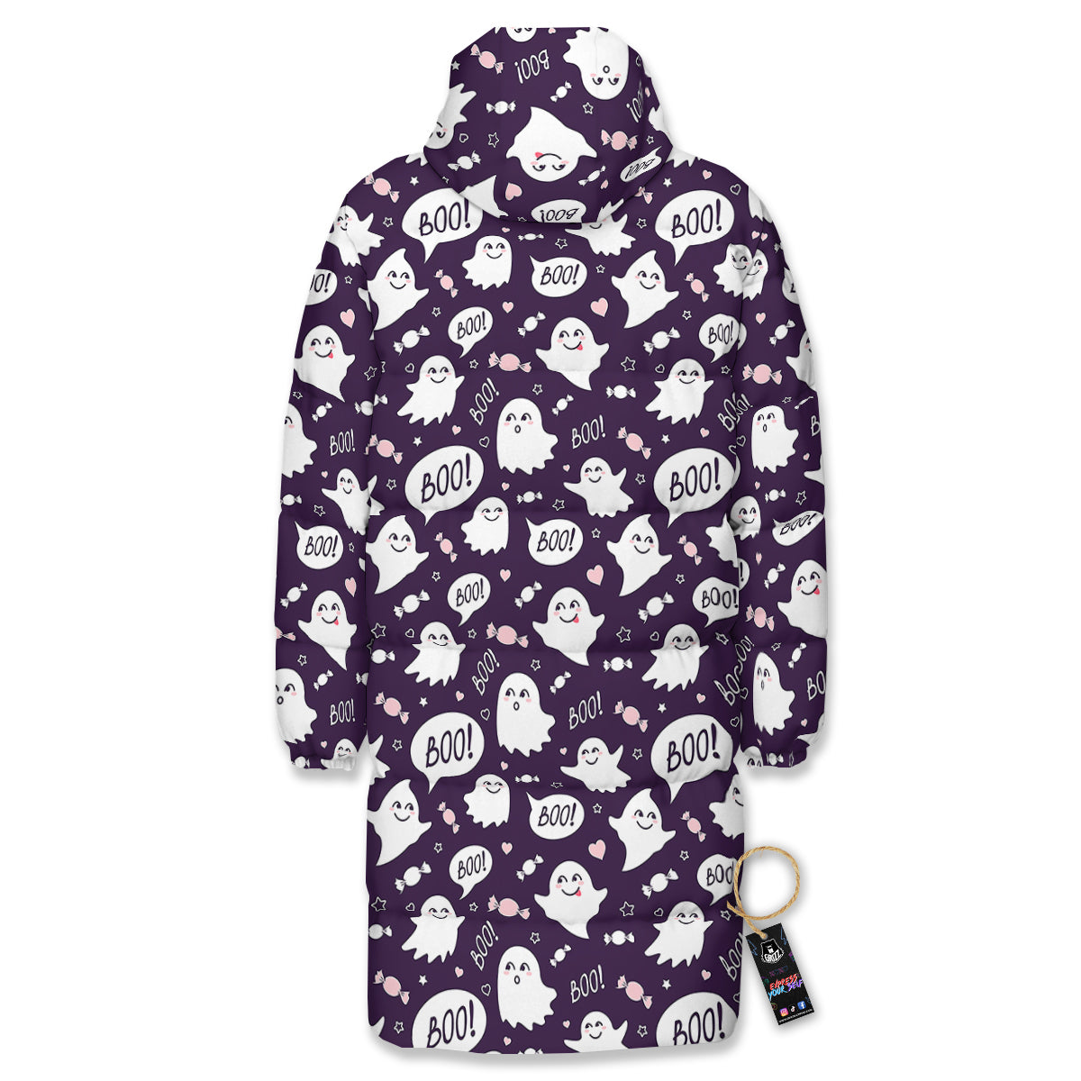 Boo Cute Ghost Print Pattern Long Down Jacket-grizzshop