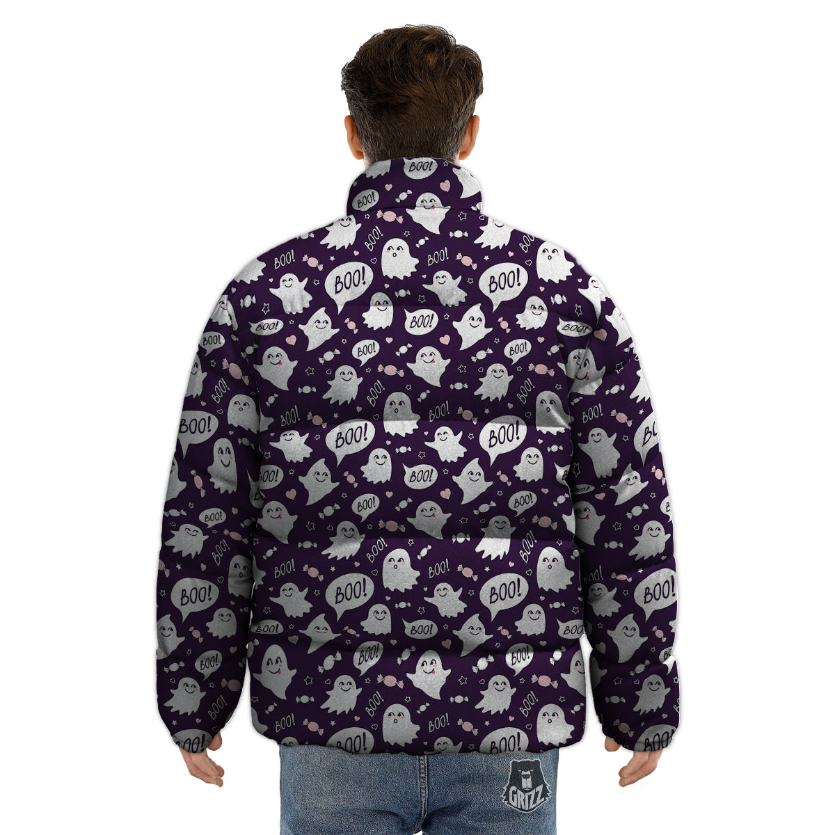 Boo Cute Ghost Print Pattern Puffer Jacket-grizzshop